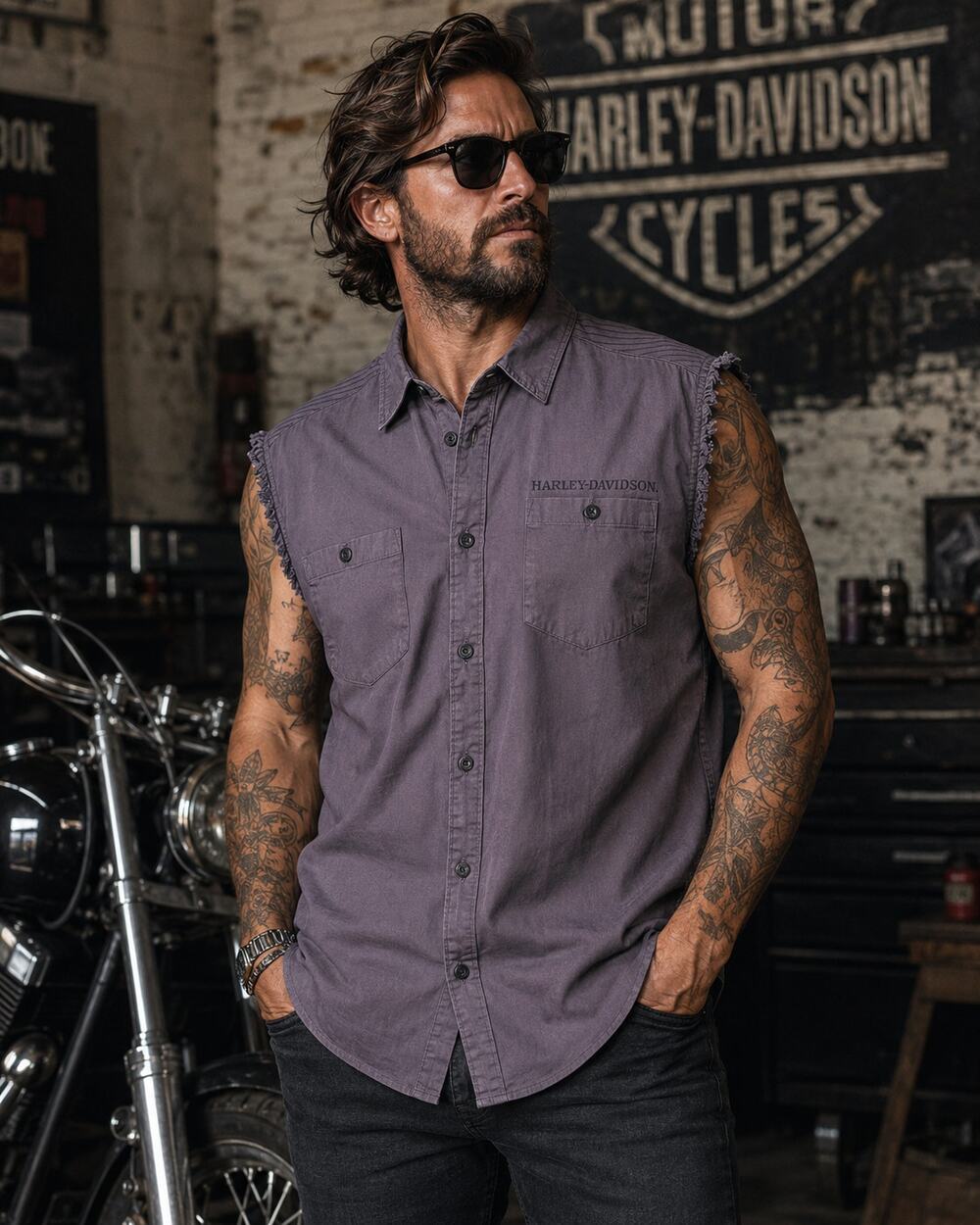 Harley-Davidson Men’s XL Skull Sleeveless Raw Edge Biker Shirt